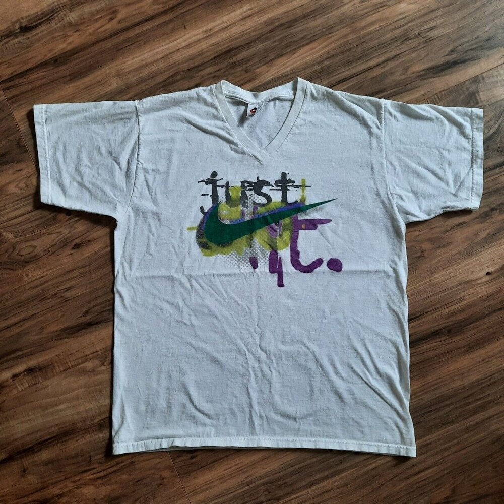 Vtg 90s Nike Shirt Mens‎ Large White V-Neck Center Swoosh Made In USA Just Do It